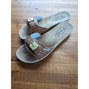 Dr Scholls Sandals Women 8 .5 M Genuine Leather Brown Adjustable Gold Buckle